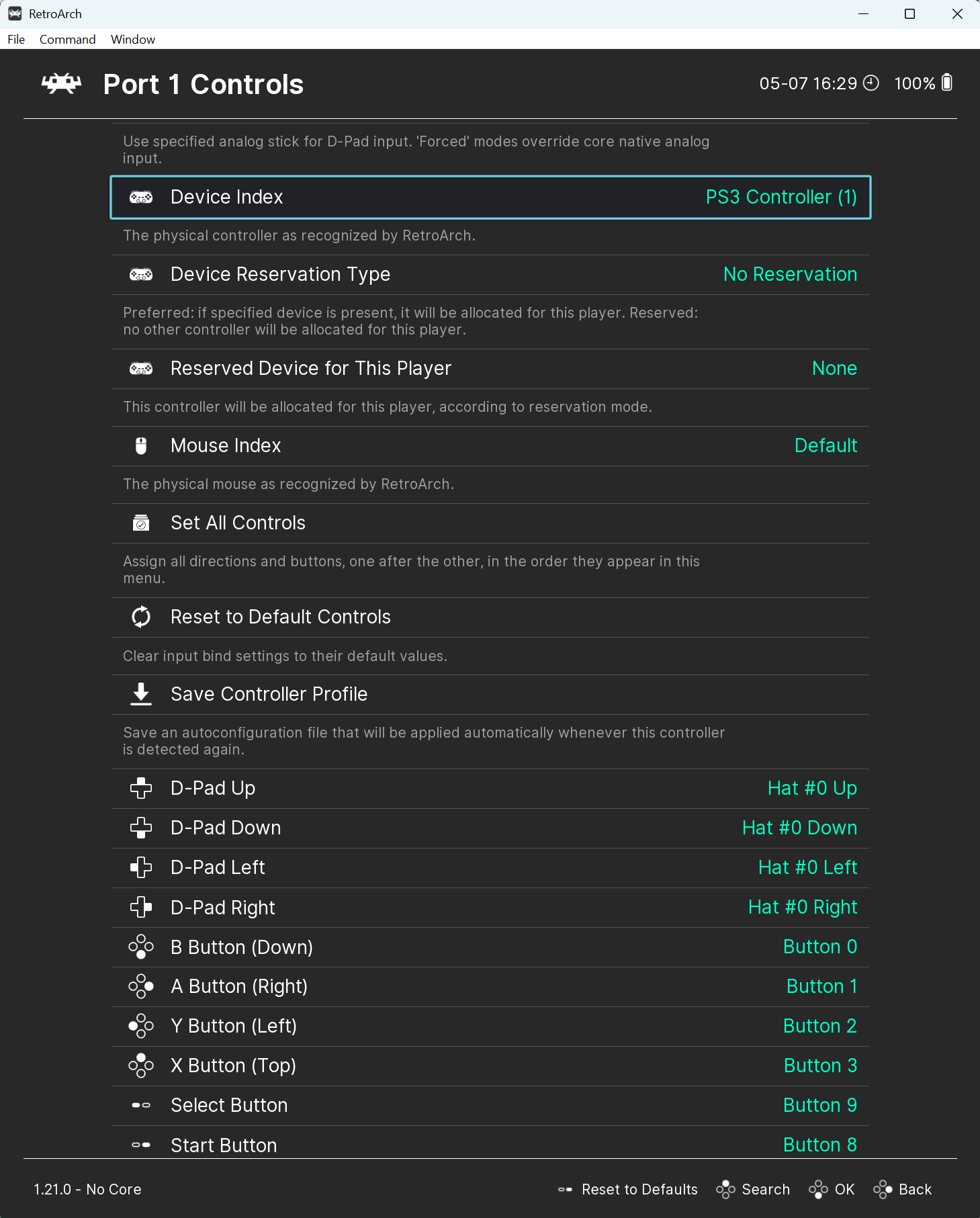 Port 1 Controls showing Device Index set to PS3 Controller (1)