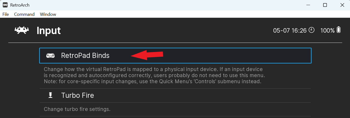 RetroArch Input menu with RetroPad Binds highlighted