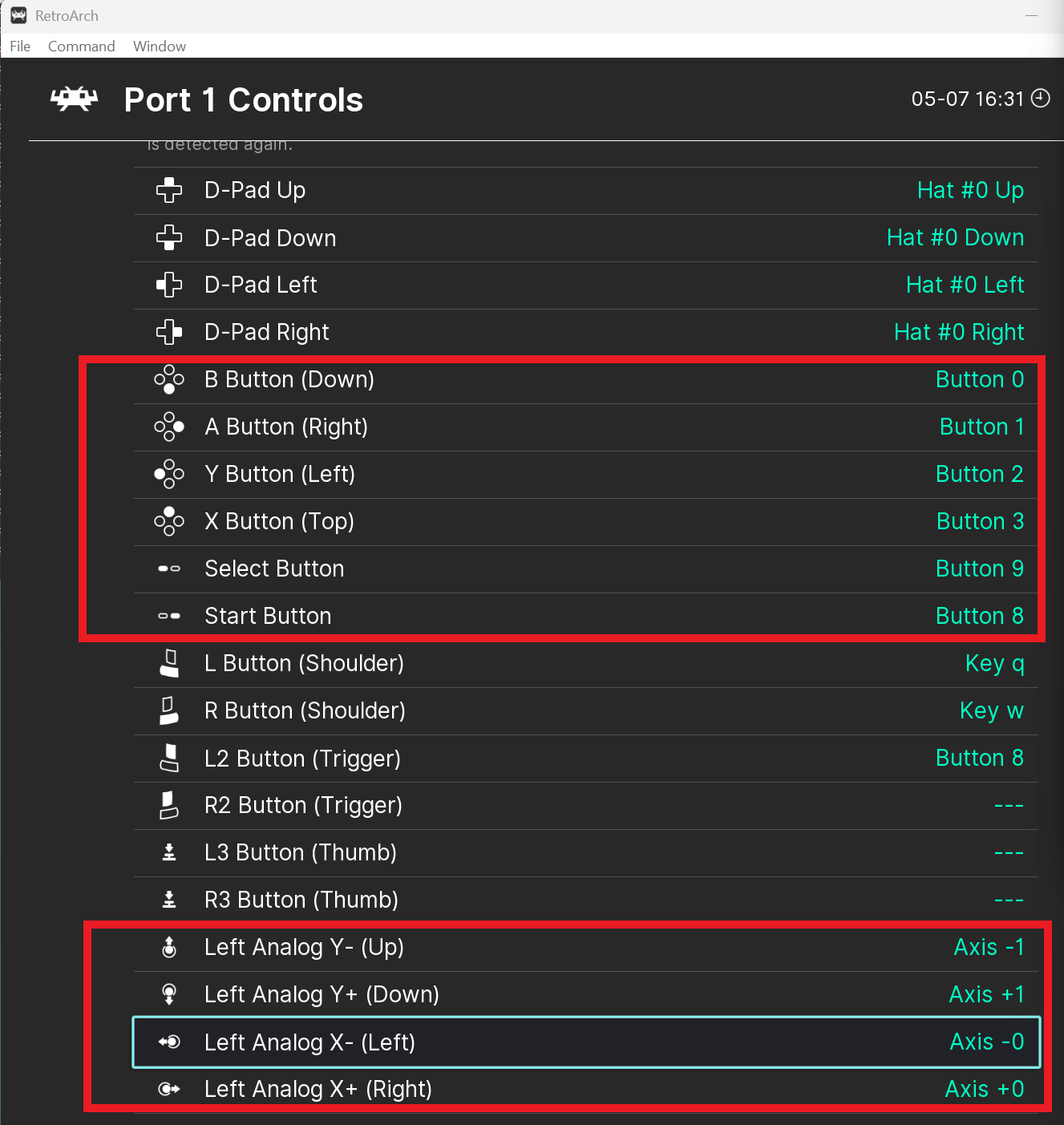 Port 1 Controls showing button numbers and Left Analog axis assignments