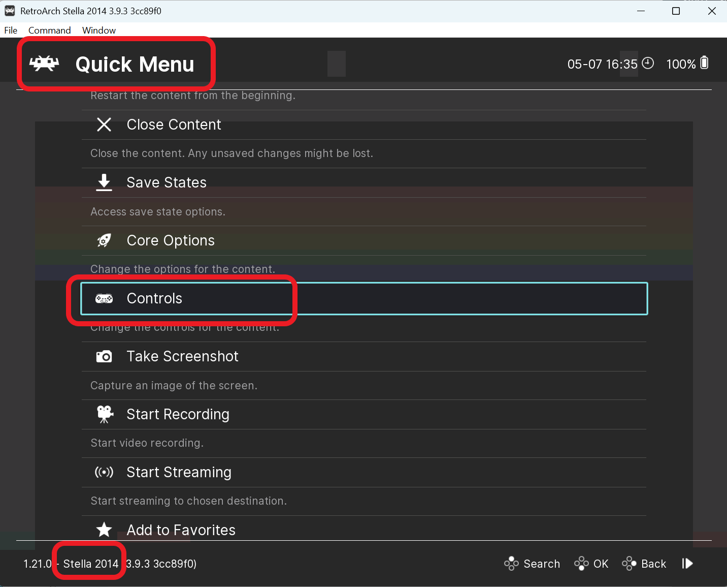 RetroArch Quick Menu with Controls highlighted, Stella 2014 core