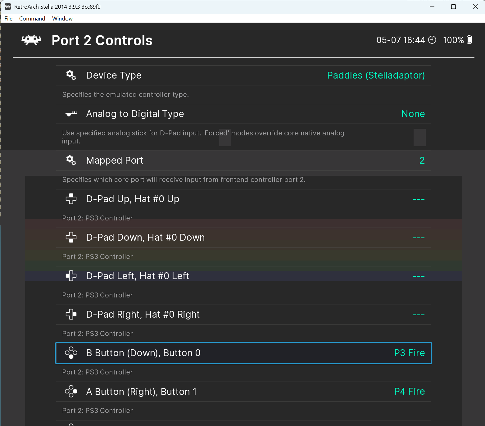 Port 2 Controls with Paddles device type, B Button as P3 Fire and A Button as P4 Fire