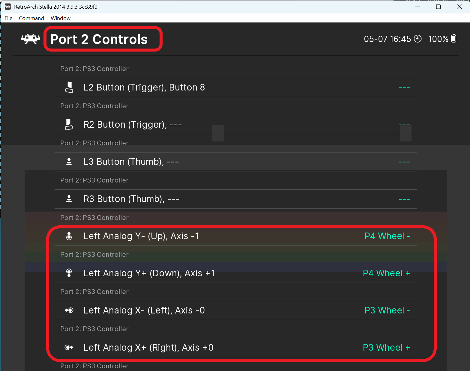 Port 2 Left Analog axes mapped to P3 Wheel and P4 Wheel