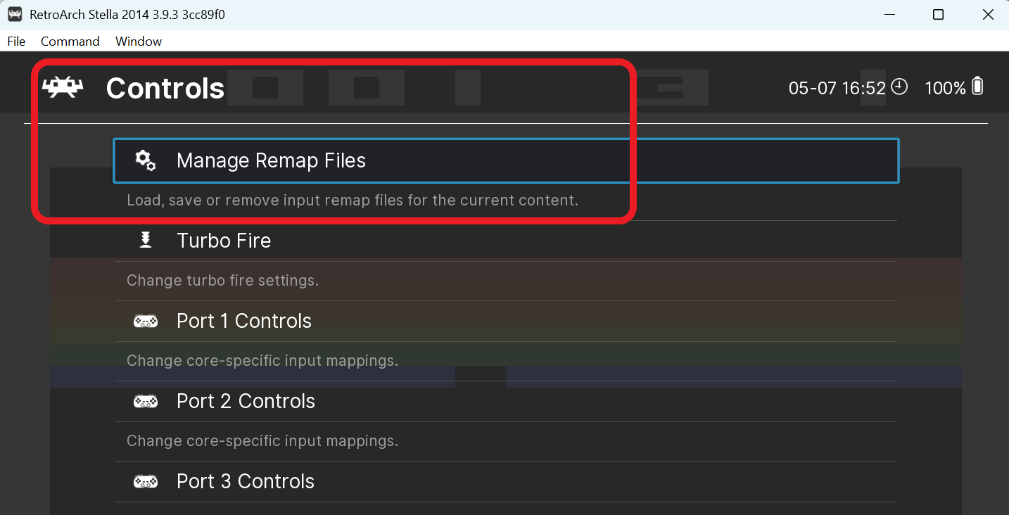 Controls menu with Manage Remap Files highlighted