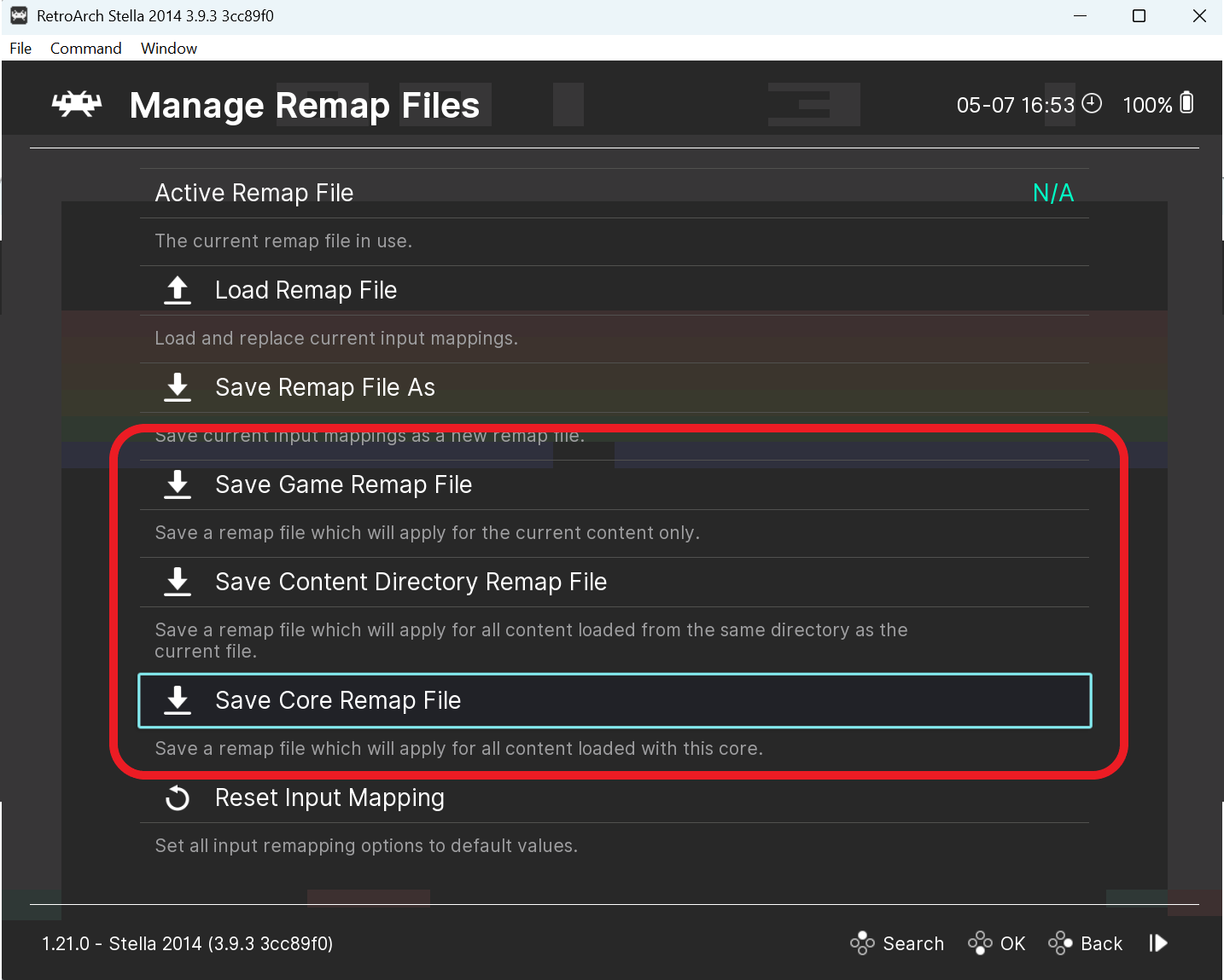 Manage Remap Files with Save Core Remap File highlighted